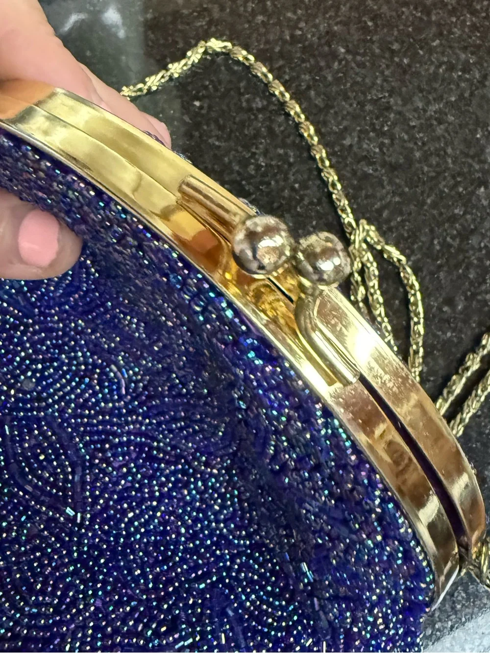 Vintage 80s Beaded Round Evening Clutch - Iridescent Blueish Purple approx 7”